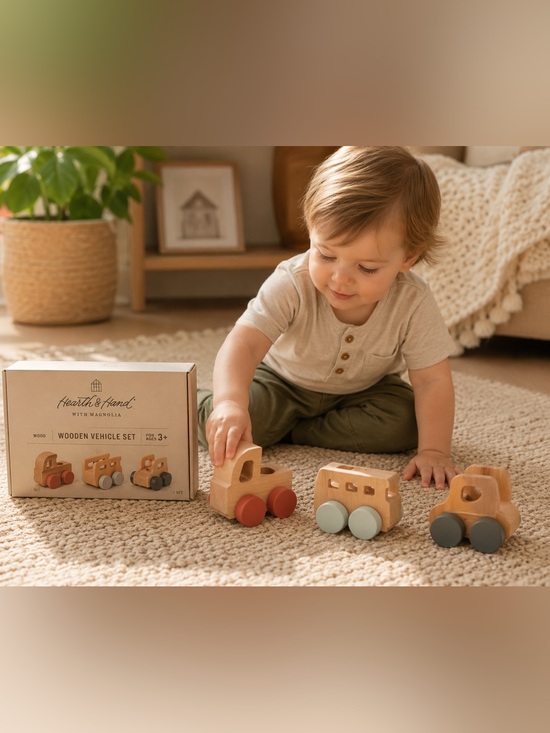 Hearth & Hand Other - 🚗Hearth & Hand Natural Wood Toy Trucks with Red, Light Gray, and Dark Gray Wheel